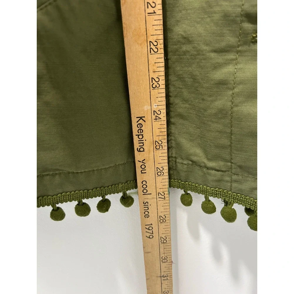 Talbots Womens XL Olive Green 100% Cotton Utility Jacket Pom Pom Trim Field Coat